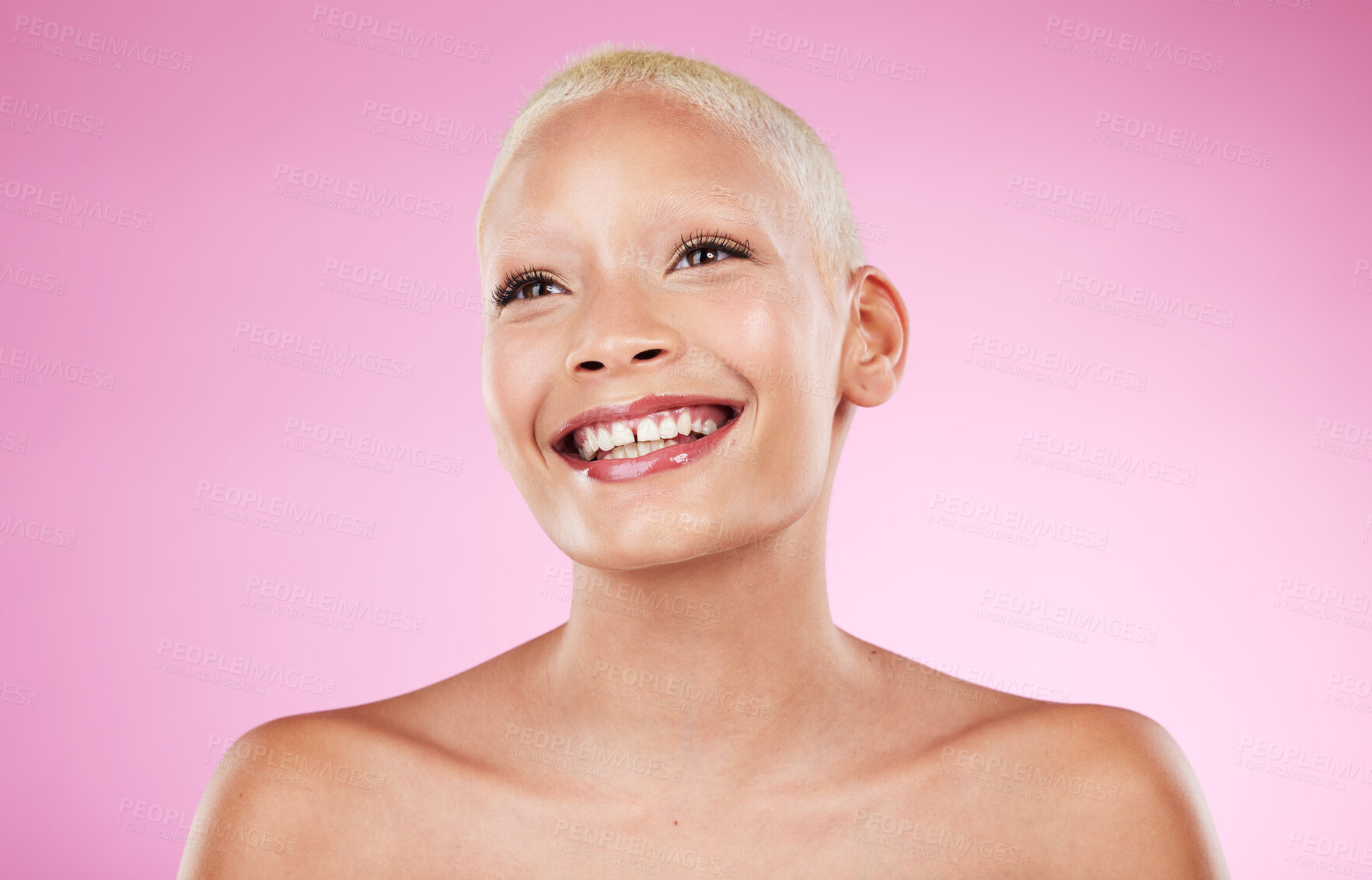 Buy stock photo Beauty, black woman and unique smile of a model with skincare, wellness and happiness, Isolated, pink background and studio with a young person happy about cosmetics, dermatology and facial detox