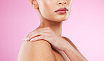 Beauty, woman and shoulder with pink background in studio for skincare and wellness. Manicure, female hand and model with makeup and cosmetics feeling calm from dermatology and detox treatment