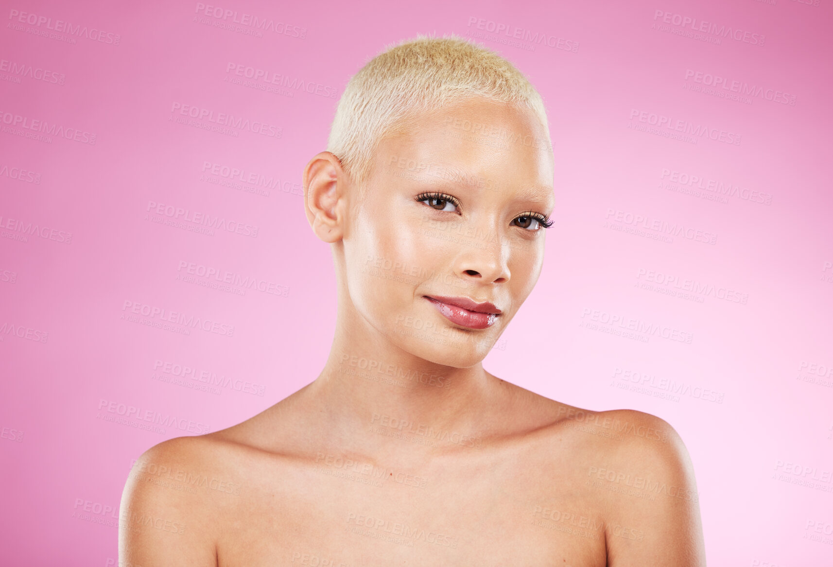 Buy stock photo Beauty, African woman and portrait of a model with skincare, wellness and happiness, Isolated, pink background and studio with a young black person happy about cosmetics, dermatology and facial detox