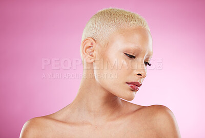 Buy stock photo Black woman, skincare beauty and cosmetics in studio with short blonde hair, face profile and pink background. African gen z model, girl and natural glow on skin with wellness, aesthetic or self care