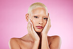 Portrait, beauty and edgy with a model black woman in studio on a pink background for makeup or cosmetics. Face, skincare or natural with a unique and attractve young female indoor for cosmetic care