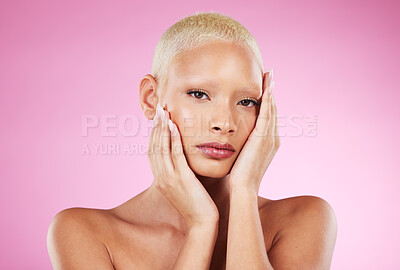Buy stock photo Portrait, beauty and edgy with a model black woman in studio on a pink background for makeup or cosmetics. Face, skincare or natural with a unique and attractve young female indoor for cosmetic care