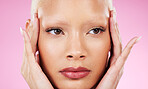 Black woman, beauty headshot and hands in studio with facial cosmetics, vision or makeup by pink background. African gen z model, girl and healthy natural glow on skin for wellness, aesthetic or care