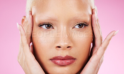 Buy stock photo Black woman, beauty headshot and hands in studio with facial cosmetics, vision or makeup by pink background. African gen z model, girl and healthy natural glow on skin for wellness, aesthetic or care