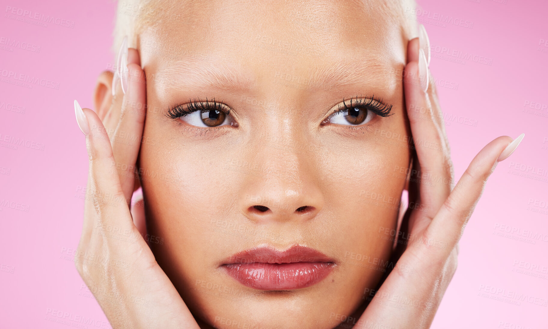 Buy stock photo Black woman, beauty headshot and hands in studio with facial cosmetics, vision or makeup by pink background. African gen z model, girl and healthy natural glow on skin for wellness, aesthetic or care