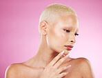Black woman, skincare beauty and makeup in studio with short blonde hair, hand and face by pink background. African gen z model, girl and natural glow on skin with wellness, aesthetic and self care