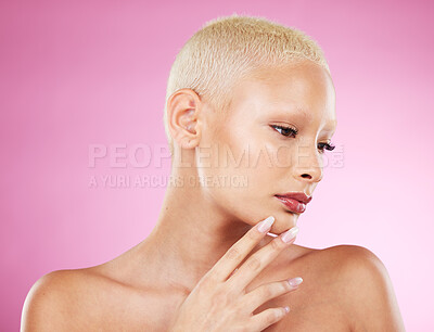 Buy stock photo Black woman, skincare beauty and makeup in studio with short blonde hair, hand and face by pink background. African gen z model, girl and natural glow on skin with wellness, aesthetic and self care