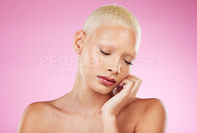 Buy stock photo Black woman, clean beauty and skincare of a person with hand on face from spa wellness. Isolated, pink background and studio of a female model feeling relax from dermatology, cosmetics and makeup 