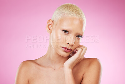 Buy stock photo Portrait, beauty and cosmetics with a model black woman in studio on a pink background for edgy makeup. Face, skincare or natural with a unique and attractve young female indoor for cosmetic care
