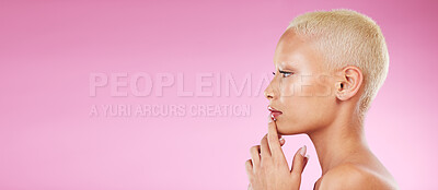 Buy stock photo Woman, beauty and makeup in skincare on mockup for facial cosmetics or spa treatment against pink studio background. Female face and hands thinking in satisfaction for luxury cosmetic or perfect skin