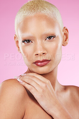 Buy stock photo Portrait, face and makeup with a model black woman in studio on a pink background for edgy cosmetics. Beauty, skincare or natural with a unique and attractve young female indoor for cosmetic care