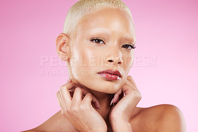 Buy stock photo Portrait, beauty and skincare with a model black woman in studio on a pink background for edgy cosmetics. Face, makeup or natural with a unique and attractve young female indoor for cosmetic care