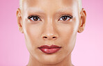 Black woman, portrait and beauty cosmetics of a young model with makeup and skincare. Isolated, pink background and studio with a female feeling calm from spa wellness, dermatology and face skin glow