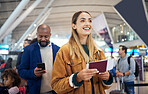 Travel, ticket and smile with woman in airport for vacation, international trip and tourism. Holiday, luggage and customs with passenger in line for airline, departure and flight transportation 