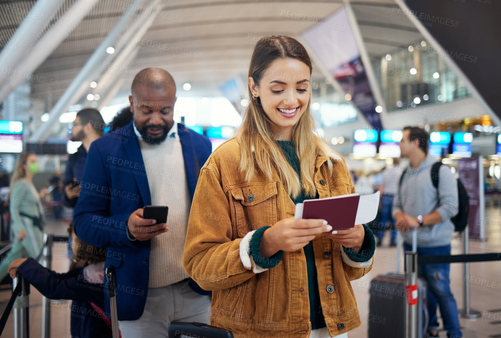 Buy stock photo Travel, queue and ticket with woman in airport for vacation, international trip and tourism. Holiday, luggage and customs with passenger in line for airline, departure and flight transportation 