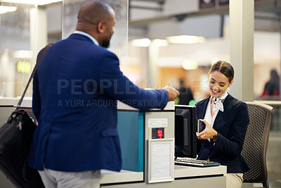 Buy stock photo Businessman, airport and passenger assistant checking passport documents for check in at terminal counter. Black male traveler and service agent in travel security or immigration for airline control