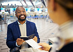 Airport, ticket booking and black man smile for customer services, desk support and passport registration. USA business person and travel agent helping with flight identity document and hospitality