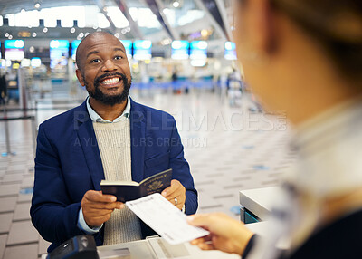 Buy stock photo Airport, ticket booking and black man smile for customer services desk and passport registration. Excited USA business person and travel agent helping with flight identity document and hospitality