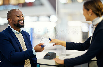 Buy stock photo Airport, black man and passport for travel, woman assist client, smile or traveler check in. Business, African American male, passenger or ceo with ticket, employee helping with flight or immigration