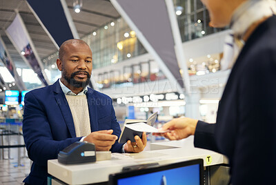 Buy stock photo Airport, ticket service and business man or customer for booking, passport registration and desk support. African USA person and travel agent helping with flight identity document and payment receipt