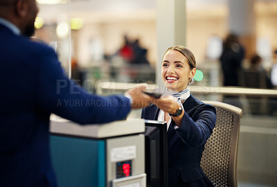 Buy stock photo Woman, airport and service agent with passport helping traveler for check in at terminal counter. Female passenger assistant with smile in travel security or immigration documents for airline control