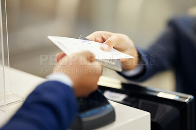 Buy stock photo Hands, airport and service agent with ticket, passport or documents to board plane at terminal counter. Hand of female passenger assistant giving access for travel, security or immigration papers