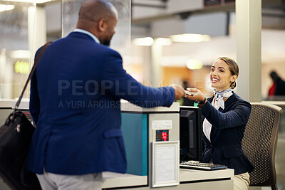 Buy stock photo Businessman, airport and passenger assistant helping traveler with checkin at terminal counter. Black male with passport and service agent in travel help, security or immigration for airline control