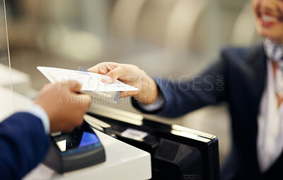 Buy stock photo Hands, airport and passenger assistant with ticket, passport or documents to board plane at terminal counter. Hand of female service agent giving access for travel, security or immigration papers