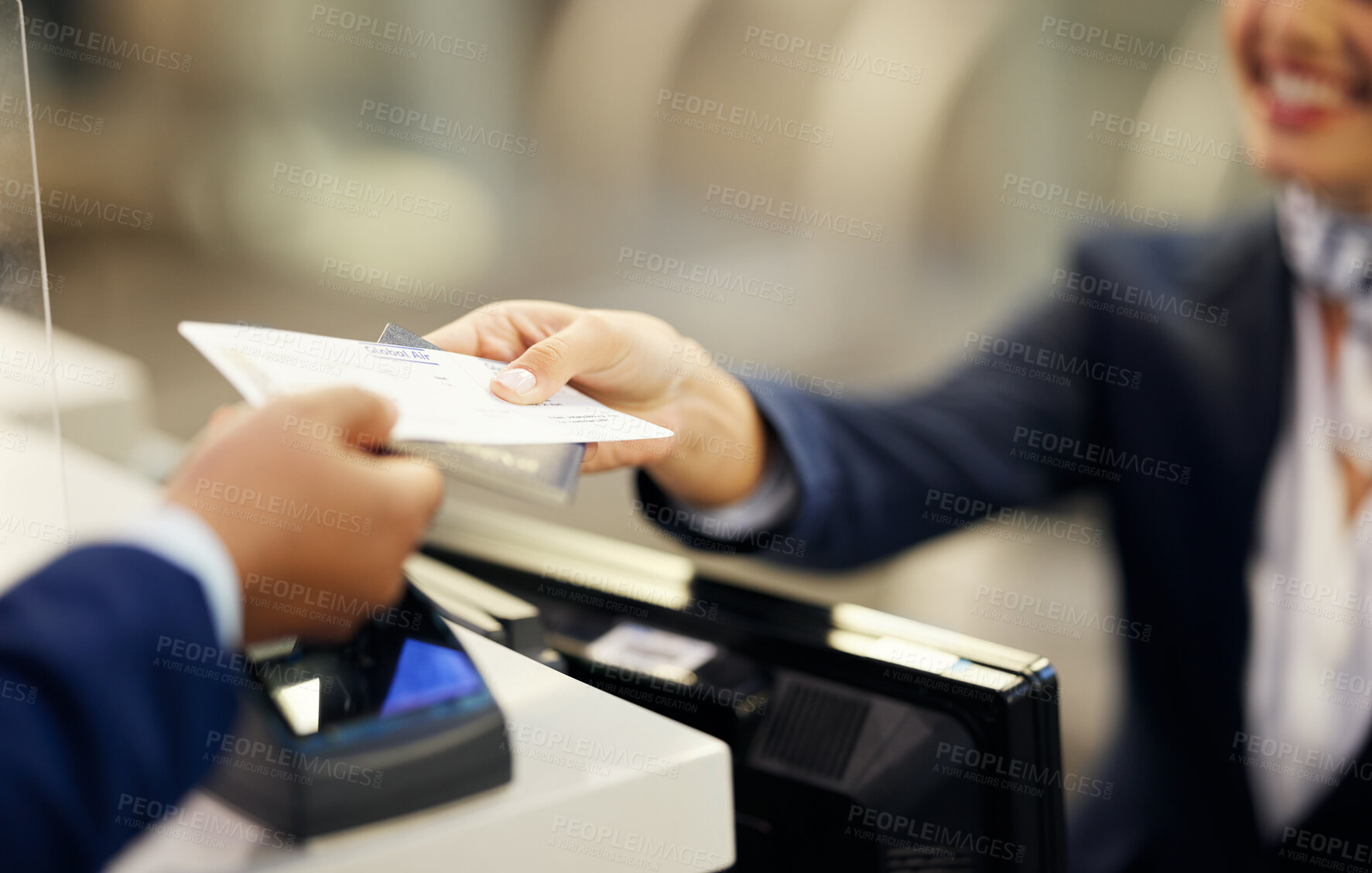 Buy stock photo Hands, airport and passenger assistant with ticket, passport or documents to board plane at terminal counter. Hand of female service agent giving access for travel, security or immigration papers