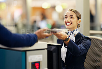 Buy stock photo Woman, airport and passenger assistant with passport helping traveler for check in at terminal counter. Female service agent with smile in travel security or immigration documents for airline control