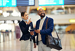 Businessman, airport and passenger assistant pointing traveler to departure, flight time or information. Black male with service agent helping in travel, directions or FAQ for airline traveling