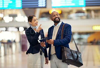 Buy stock photo Businessman, airport and passenger assistant pointing traveler to departure, flight time or information. Black male with service agent helping in travel, directions or FAQ for airline traveling