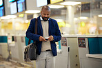 Black man, airport and passport with plane ticket ready for travel, departure or flight time by help desk. African American male waiting at airline terminal with documents for traveling services