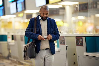 Buy stock photo Black man, airport and passport with plane ticket ready for travel, departure or flight time by help desk. African American male waiting at airline terminal with documents for traveling services