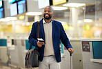 Businessman, airport and passport with plane ticket ready for travel, departure or flight time by help desk. African American male waiting at airline terminal with documents for traveling services