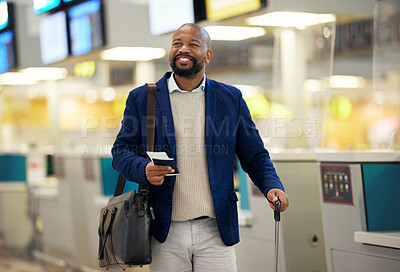 Buy stock photo Businessman, airport and passport with plane ticket ready for travel, departure or flight time by help desk. African American male waiting at airline terminal with documents for traveling services