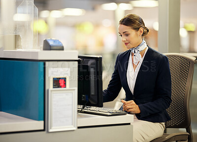 Buy stock photo Airport, check in desk and woman on computer for security, travel agent or transport management. Airplane concierge, customer service and ticket help of global booking, journey or flight receptionist