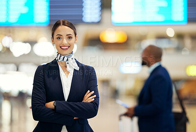 Buy stock photo Woman, airport and service agent with arms crossed standing ready with smile in FAQ, help or direction. Portrait of happy female airline passenger assistant smiling for immigration or travel services