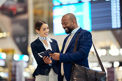 Buy stock photo Businessman, airport and passenger assistant helping traveler in departure, flight time or passport information. Black male with female airline service agent for advice on travel, directions or FAQ