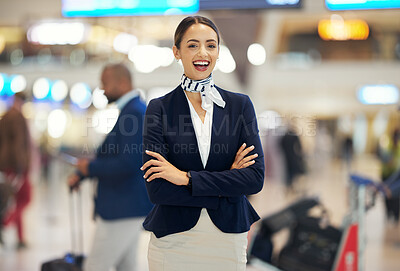 Buy stock photo Flight attendant, woman and about us portrait of an airport company with airline worker happiness. Global travel, international guide and air travel employee feeling proud with a smile from work