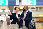 Businessman, airport and service agent pointing traveler to departure, flight time or information. Black male with female passenger assistant helping in travel directions or FAQ for airline traveling