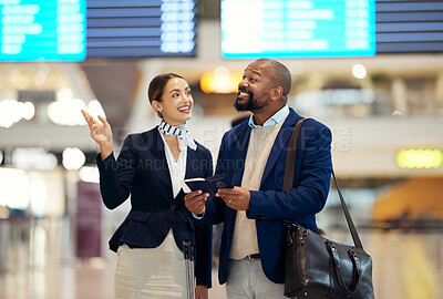 Buy stock photo Businessman, airport and service agent pointing traveler to departure, flight time or information. Black male with female passenger assistant helping in travel directions or FAQ for airline traveling
