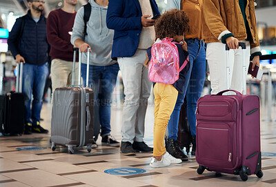 Buy stock photo Airport, travel and people legs in queue for international vacation, holiday or immigration. Line, group and waiting with luggage, suitcase and bag for global flight, plane journey and check in gate 