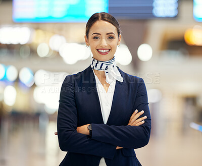 Buy stock photo Woman, airport and passenger assistant with arms crossed standing ready with smile in FAQ, help or direction. Portrait of happy female airline service agent smiling for immigration or travel services