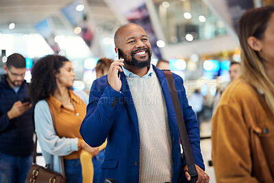 Buy stock photo Travel, queue and phone call with black man in airport for flight, vacation and immigration. Happy, communication and technology with businessman in line with luggage for trip, holiday and journey