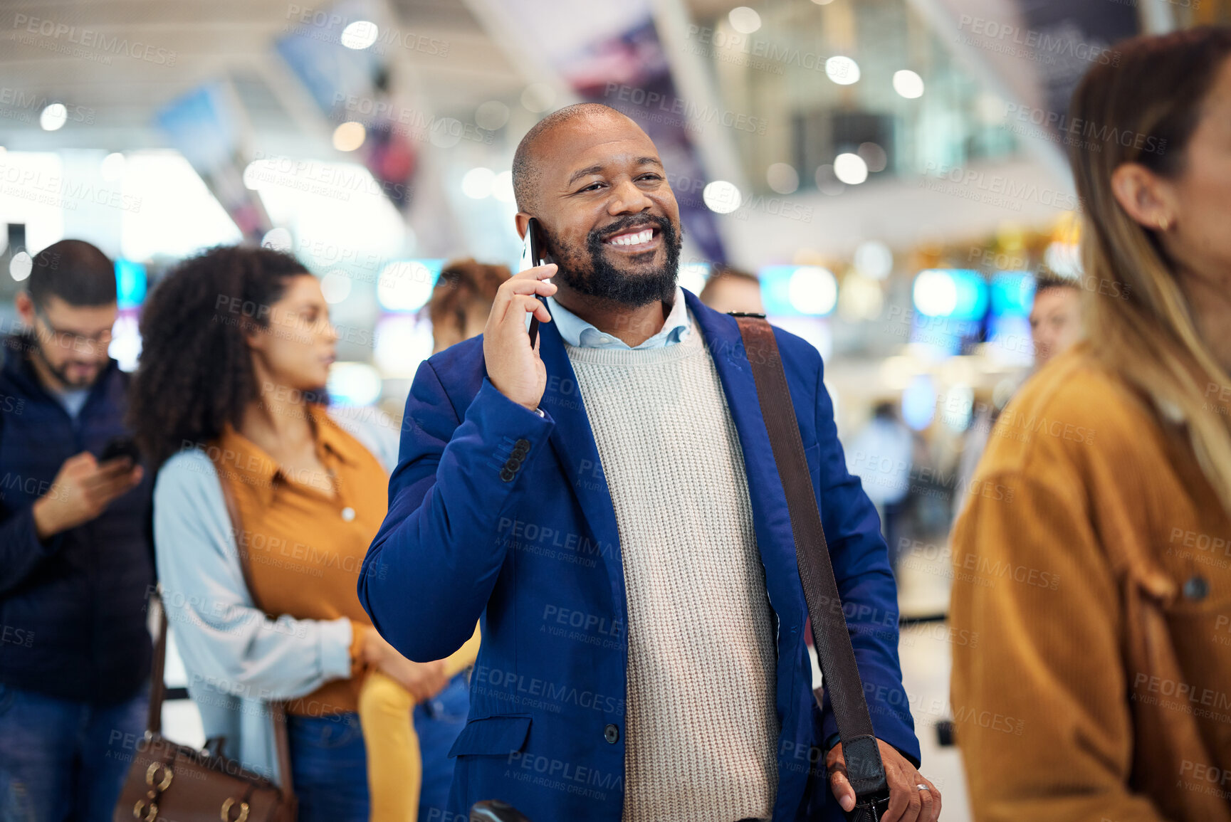 Buy stock photo Travel, queue and phone call with black man in airport for flight, vacation and immigration. Happy, communication and technology with businessman in line with luggage for trip, holiday and journey