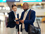 Businessman, airport and service agent helping traveler with passport in departure, flight time or information. Black male with female passenger assistant in airline travel, directions or FAQ