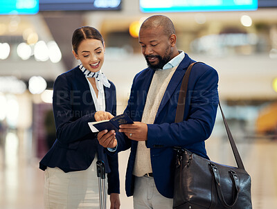 Buy stock photo Businessman, airport and service agent helping traveler with passport in departure, flight time or information. Black male with female passenger assistant in airline travel, directions or FAQ