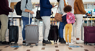 Buy stock photo Airport queue, travel and people legs for international vacation, holiday or immigration with suitcase and kid. Line or group of women, men and child with luggage waiting for global flight schedule
