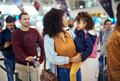 Buy stock photo Airport, happy mother and girl at international flight check for plane board or airplane ticket payment. Happy mom, child and family waiting at gate for air travel and security before transport